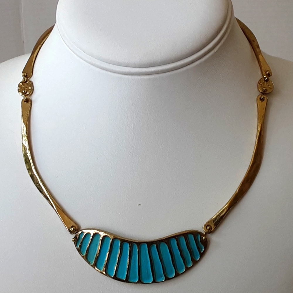 ANNE DICK Brutalist Bronze Bean Tiffany Blue Painted Inlay Necklace 16" - Vtg